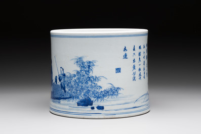 A fine Chinese blue and white 'fishermen and poem' bitong, Shang 賞 seal mark, Kangxi