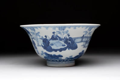 A large Chinese blue and white 'Zhu Lin Qi Xian 竹林七賢' bowl, Kangxi