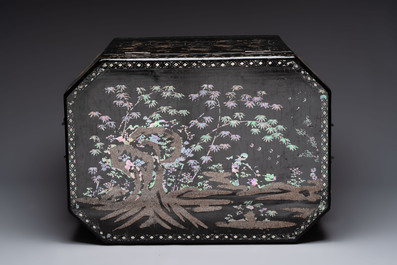 A large Chinese export mother-of-pearl-inlaid lacquer tea chest, 19th C.
