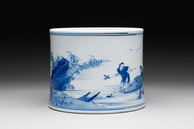 A fine Chinese blue and white 'fishermen and poem' bitong, Shang 賞 seal mark, Kangxi