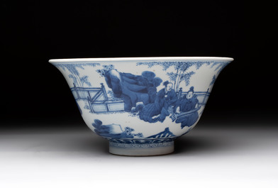 A large Chinese blue and white 'Zhu Lin Qi Xian 竹林七賢' bowl, Kangxi