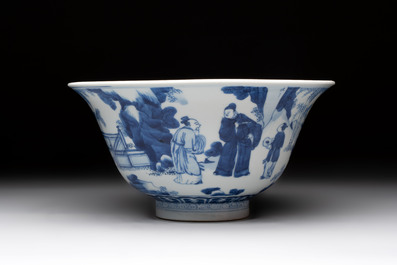A large Chinese blue and white 'Zhu Lin Qi Xian 竹林七賢' bowl, Kangxi