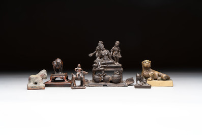 Five Chinese bronze seals and an Indonesian bronze figure group, 18/19th C.