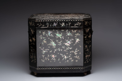 A large Chinese export mother-of-pearl-inlaid lacquer tea chest, 19th C.