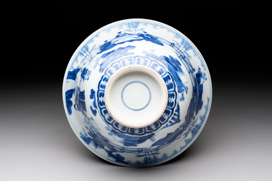 A large Chinese blue and white 'Zhu Lin Qi Xian 竹林七賢' bowl, Kangxi