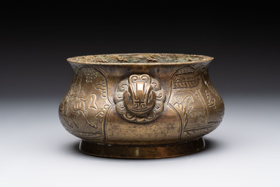 Two Chinese bronze censers, Xuande marks, 19th C.