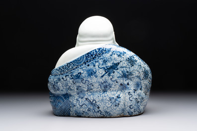 A Chinese blue, white and iron-red Milefo Buddha, Zhu Mao Ji 朱茂記造 mark, 20th C.
