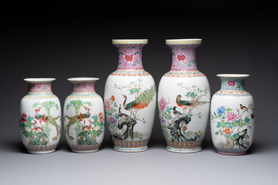 Ten Chinese famille rose vases with birds among flowering branches, Qianlong and Jingdezhen marks, 20th C.