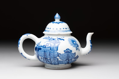 A Chinese blue and white 'antiquities' teapot and cover, Jiajing mark, Kangxi