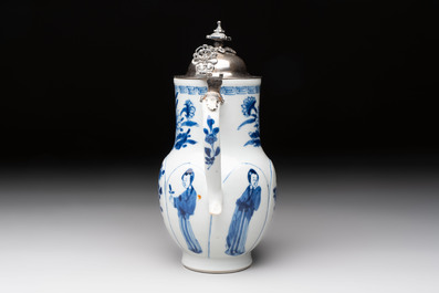 A Chinese blue and white 'Long Eliza' jug with a silver-mounted lid, Kangxi