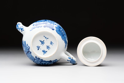 A Chinese blue and white 'antiquities' teapot and cover, Jiajing mark, Kangxi