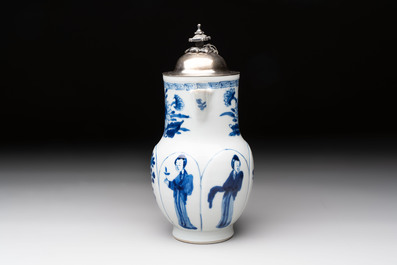 A Chinese blue and white 'Long Eliza' jug with a silver-mounted lid, Kangxi