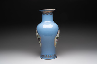 A Chinese famille rose lavender-blue-ground vase, Qianlong mark, Republic