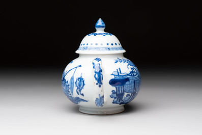 A Chinese blue and white 'antiquities' teapot and cover, Jiajing mark, Kangxi
