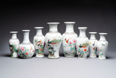 15 Chinese famille rose vases with birds among flowering branches, Qianlong and Jingdezhen marks, 20th C.