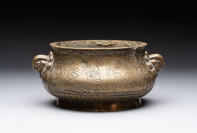 Two Chinese bronze censers, Xuande marks, 19th C.