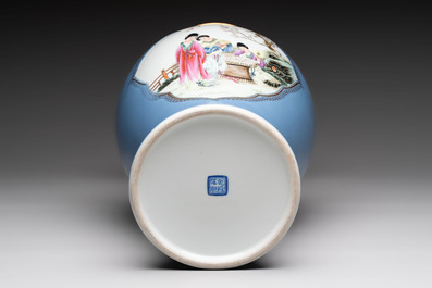 A Chinese famille rose lavender-blue-ground vase, Qianlong mark, Republic
