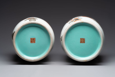 A pair of Chinese grisaille, iron-red and gilt-decorated 'Jin Ling Shi Er Chai 金陵十二釵' vases, Qianlong mark, 20th C.