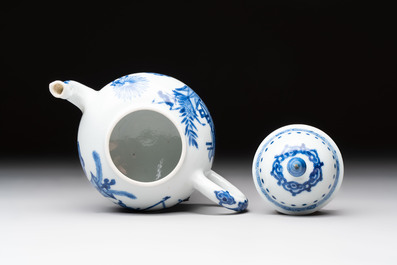 A Chinese blue and white 'antiquities' teapot and cover, Jiajing mark, Kangxi