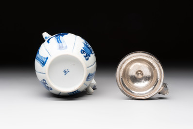 A Chinese blue and white 'Long Eliza' jug with a silver-mounted lid, Kangxi
