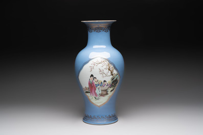 A Chinese famille rose lavender-blue-ground vase, Qianlong mark, Republic