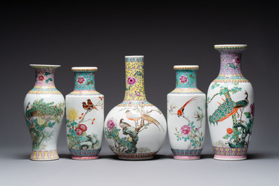 Ten Chinese famille rose vases with birds among flowering branches, Qianlong and Jingdezhen marks, 20th C.