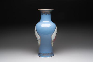 A Chinese famille rose lavender-blue-ground vase, Qianlong mark, Republic