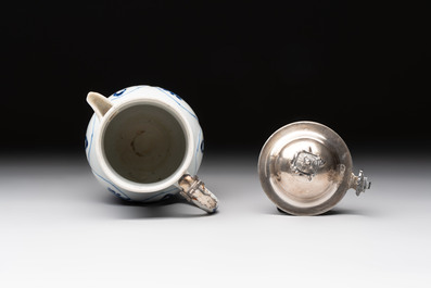 A Chinese blue and white 'Long Eliza' jug with a silver-mounted lid, Kangxi