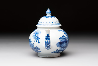 A Chinese blue and white 'antiquities' teapot and cover, Jiajing mark, Kangxi