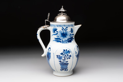 A Chinese blue and white 'Long Eliza' jug with a silver-mounted lid, Kangxi
