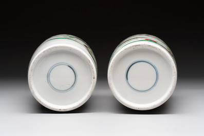 A pair of Chinese famille verte 'quails in blossoming landscape' rouleau vases, 19th C.