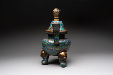 A Chinese cloisonn&eacute; tripod censer and cover, 19th C.