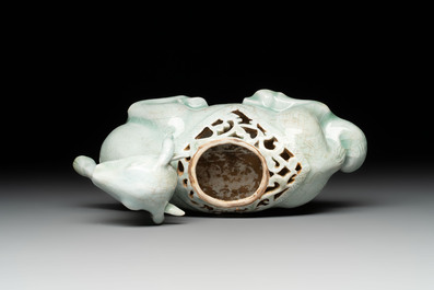 A pair of Chinese polychrome lions, a celadon-glazed goat, a yellow-glazed bowl and a sancai-glazed conical bowl, Chenghua mark, 19/20th C.
