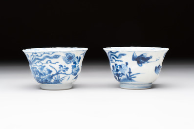 Eight Chinese blue, white and iron-red cups and twelve saucers, Kangxi/Yongzheng