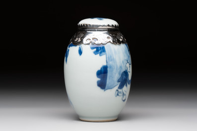 A Chinese blue and white Dutch silver-mounted tea caddy and cover, Kangxi