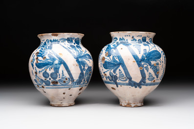 Two blue and white ointment jars, Spain, 17th C.