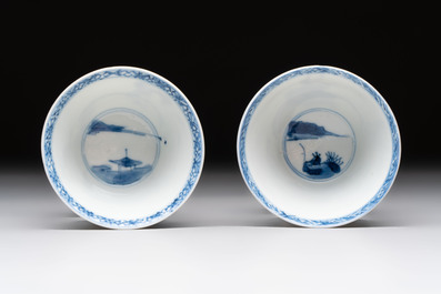 A pair of Chinese blue and white 'elegant beauty and boy' cups and saucers, Chenghua mark, Kangxi
