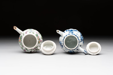 Four Chinese blue, white and famille rose covered teapots, Tongzhi and Hu Mao Ji 胡茂記 mark, Kangxi and later