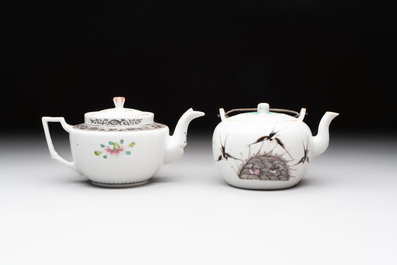Four Chinese blue, white and famille rose covered teapots, Tongzhi and Hu Mao Ji 胡茂記 mark, Kangxi and later