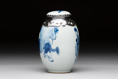 A Chinese blue and white Dutch silver-mounted tea caddy and cover, Kangxi
