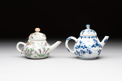 Four Chinese blue, white and famille rose covered teapots, Tongzhi and Hu Mao Ji 胡茂記 mark, Kangxi and later