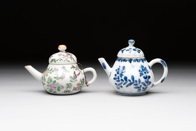 Four Chinese blue, white and famille rose covered teapots, Tongzhi and Hu Mao Ji 胡茂記 mark, Kangxi and later