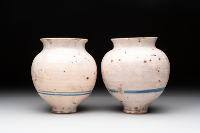 Two blue and white ointment jars, Spain, 17th C.