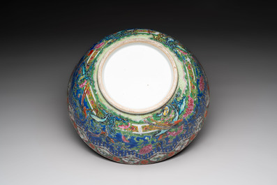 A Chinese Canton famille rose 'peacock' punch bowl, 19th C.
