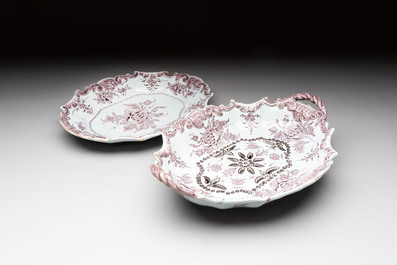 A fine manganese Dutch Delft strainer on stand with floral design, 18th C.