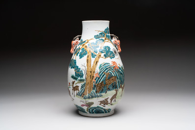 A fine Chinese famille rose 'hu' 'deer and monkey' vase, 19th C.