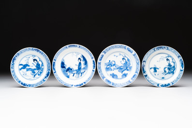 Eight Chinese blue, white and iron-red cups and twelve saucers, Kangxi/Yongzheng
