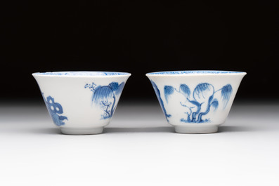 A pair of Chinese blue and white 'Elegant Beauty and Boy' cups and saucers, Chenghua mark, Kangxi