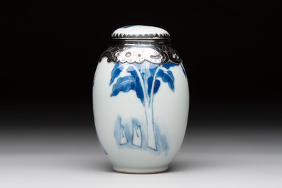 A Chinese blue and white Dutch silver-mounted tea caddy and cover, Kangxi