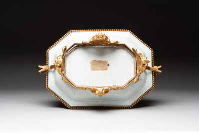 A Chinese famille rose dish with a crane among flowering branches with bronze mount, Qianlong